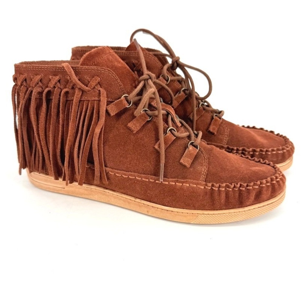 Zodiac Vera Womens 8M Cognac Brown Suede Fringe Lace Up Moccasin Ankle Boots